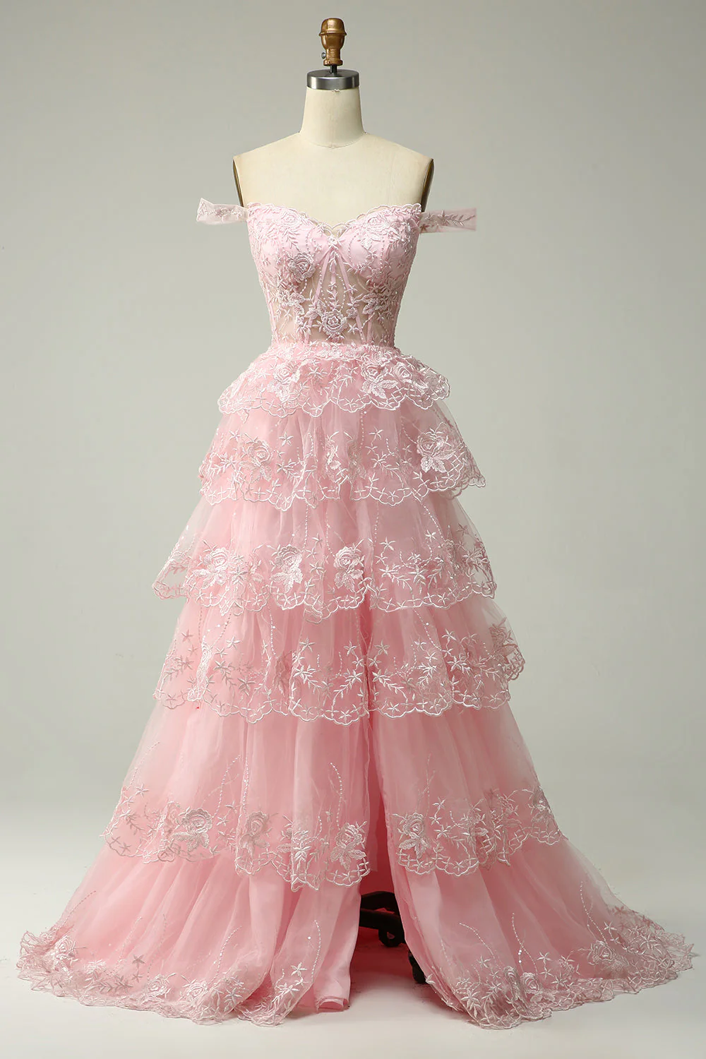 Sparkly Black Golden Tiered Lace A-Line Long Prom Dress with Slit - Image 9