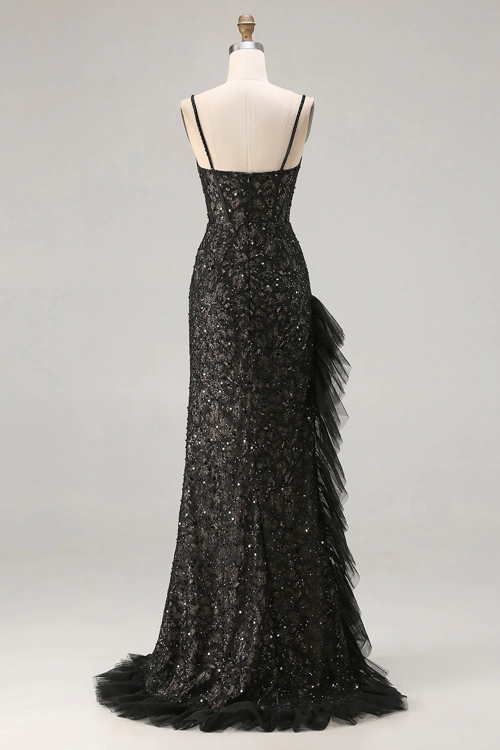 Sparkly Black Mermaid Beaded Corset Sequin Ruffle Long Prom Dress with Slit - Image 2