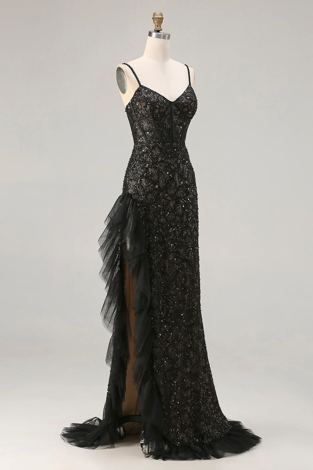 Sparkly Black Mermaid Beaded Corset Sequin Ruffle Long Prom Dress with Slit - Image 5