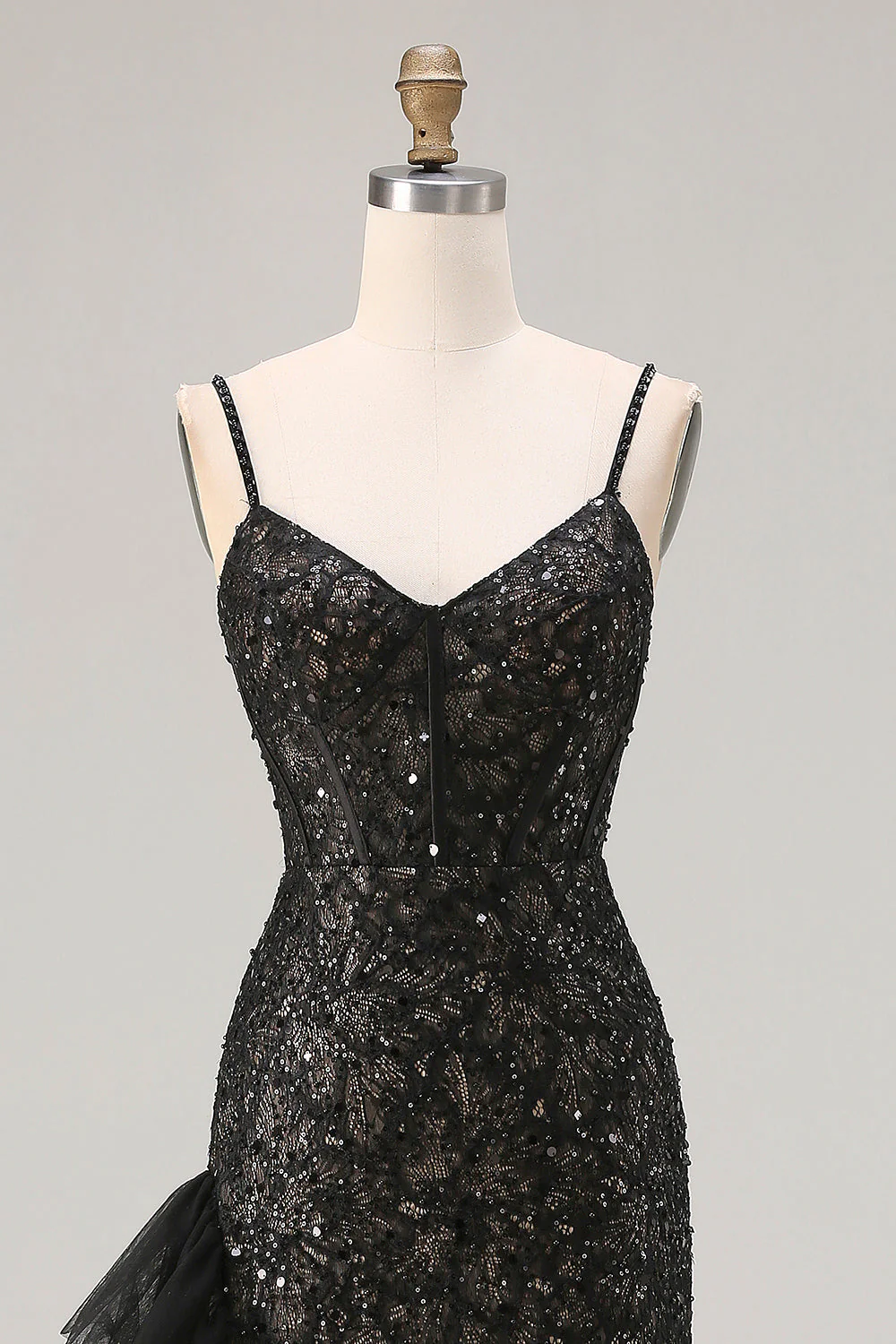 Sparkly Black Mermaid Beaded Corset Sequin Ruffle Long Prom Dress with Slit - Image 6