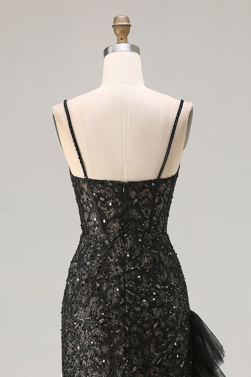 Sparkly Black Mermaid Beaded Corset Sequin Ruffle Long Prom Dress with Slit - Image 7