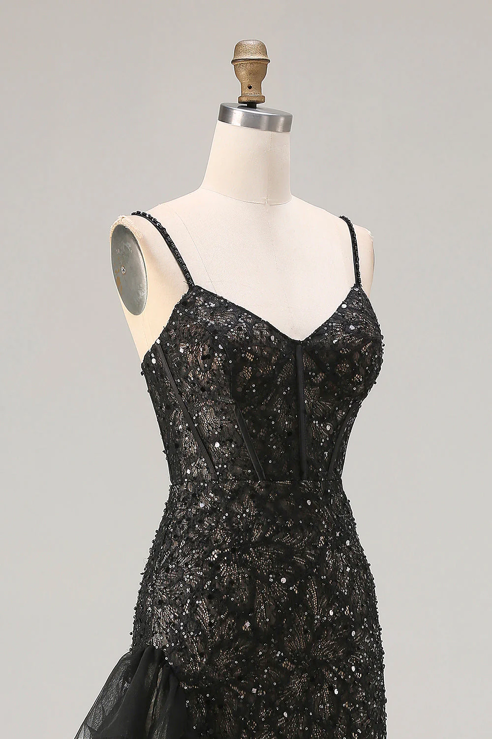 Sparkly Black Mermaid Beaded Corset Sequin Ruffle Long Prom Dress with Slit - Image 8