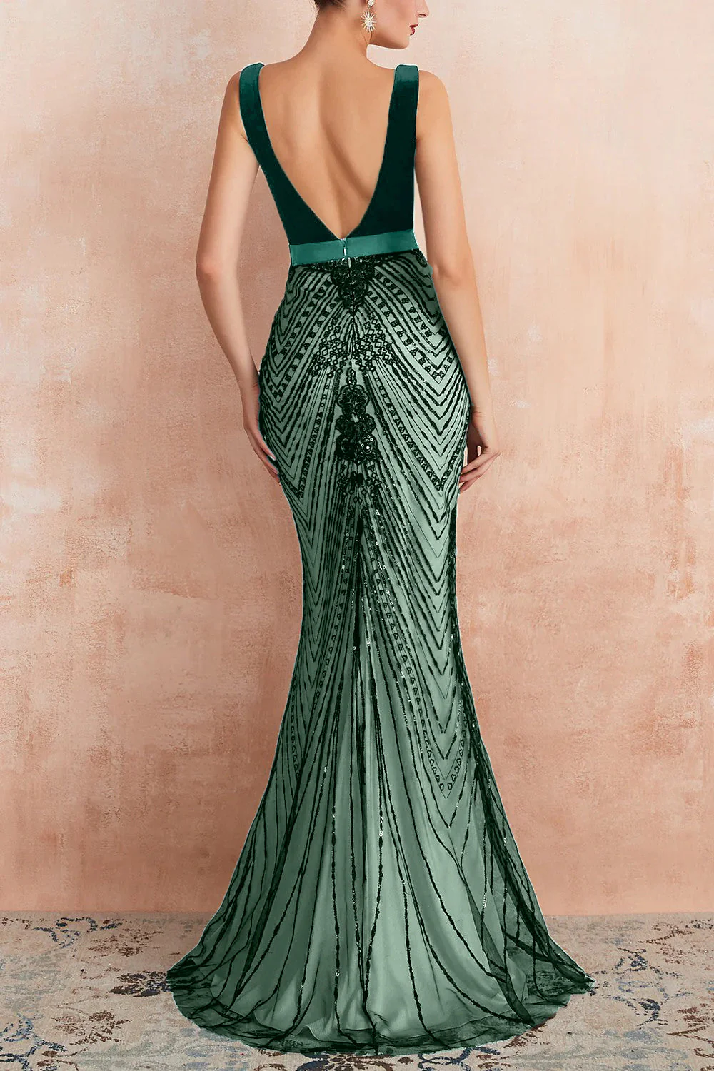 Sparkly Black Mermaid Deep V-Neck Long Prom Dress with Open Back - Image 10