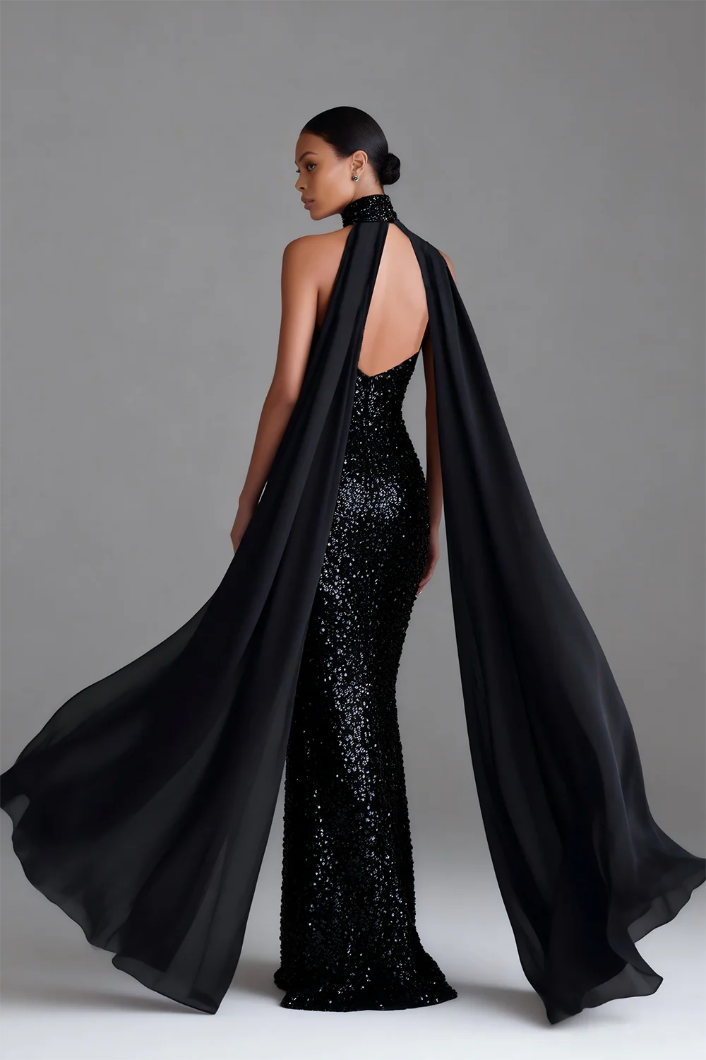 Sparkly Black Mermaid Halter Maxi Dress with Streamer - Image 2