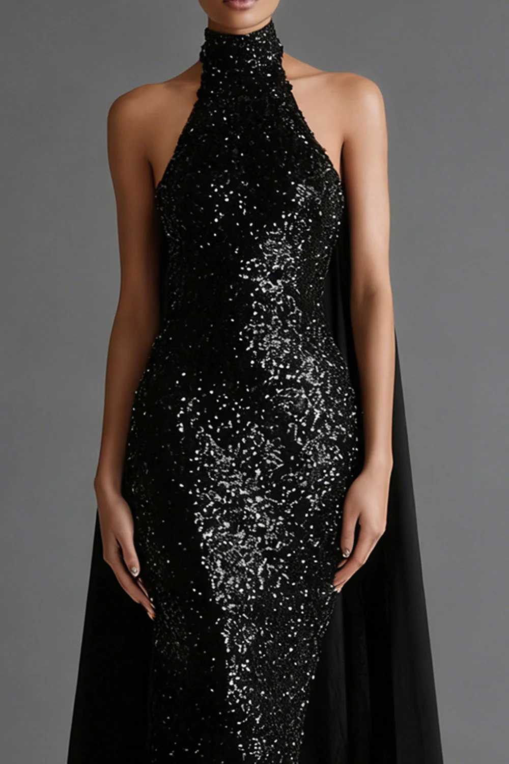 Sparkly Black Mermaid Halter Maxi Dress with Streamer - Image 3