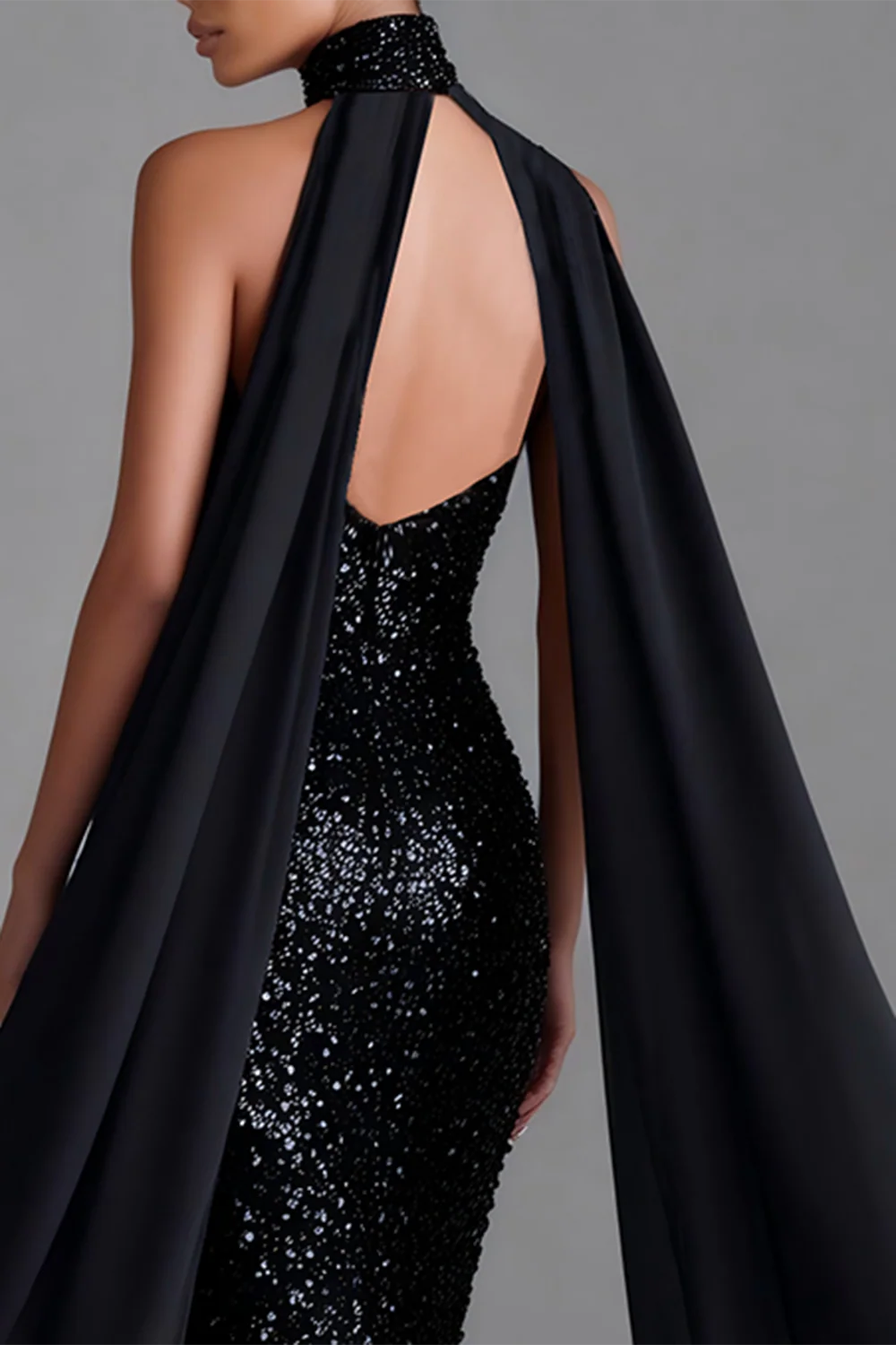 Sparkly Black Mermaid Halter Maxi Dress with Streamer - Image 4