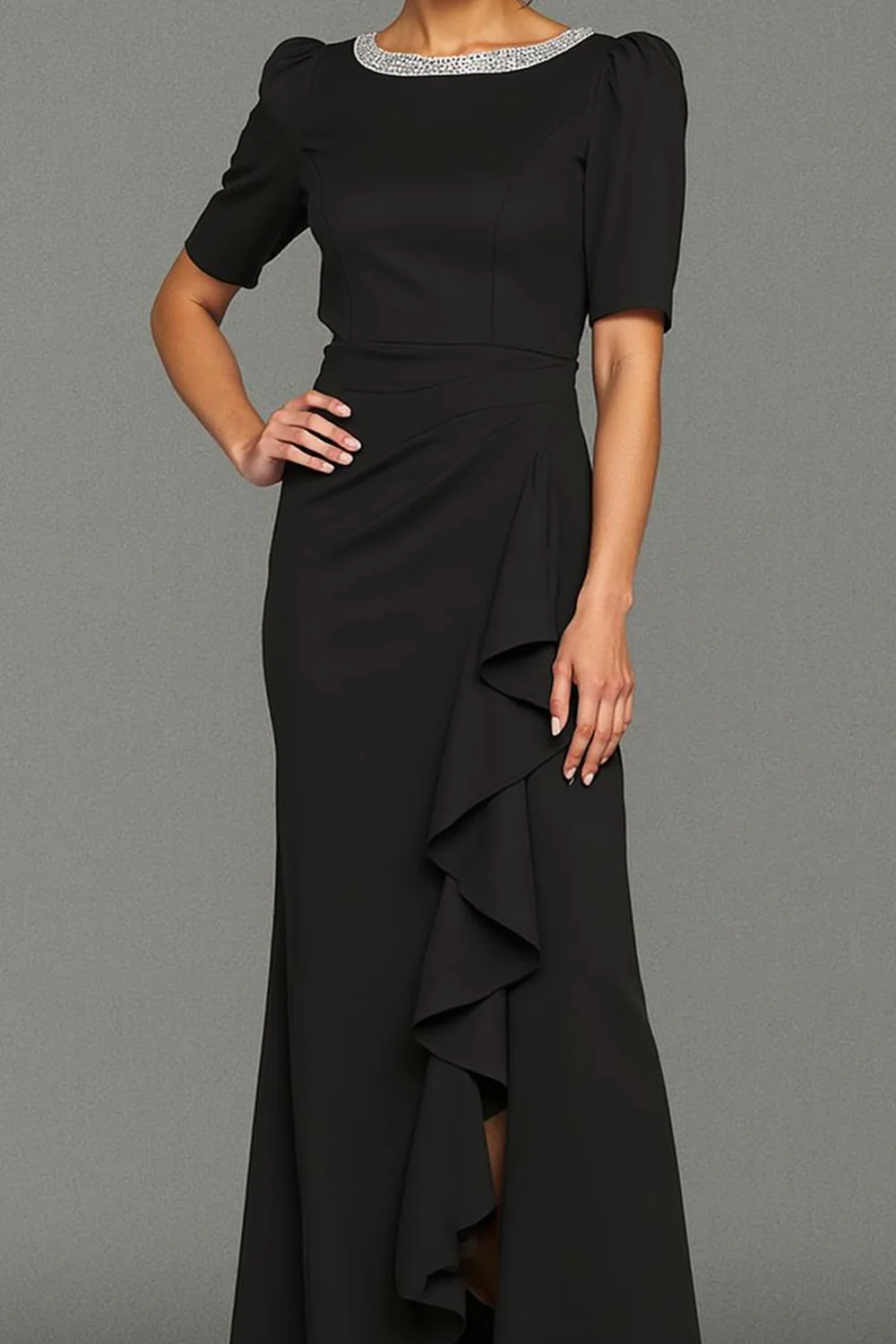 Black Mermaid Ruffled Long Evening Dress with Slit - Image 2