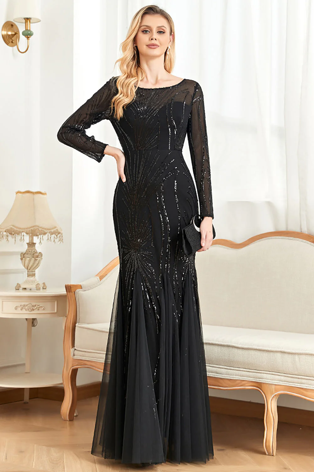 Sparkly Black Mermaid Sequins Boat Neck Choir Dress with Long Sleeves - Image 3