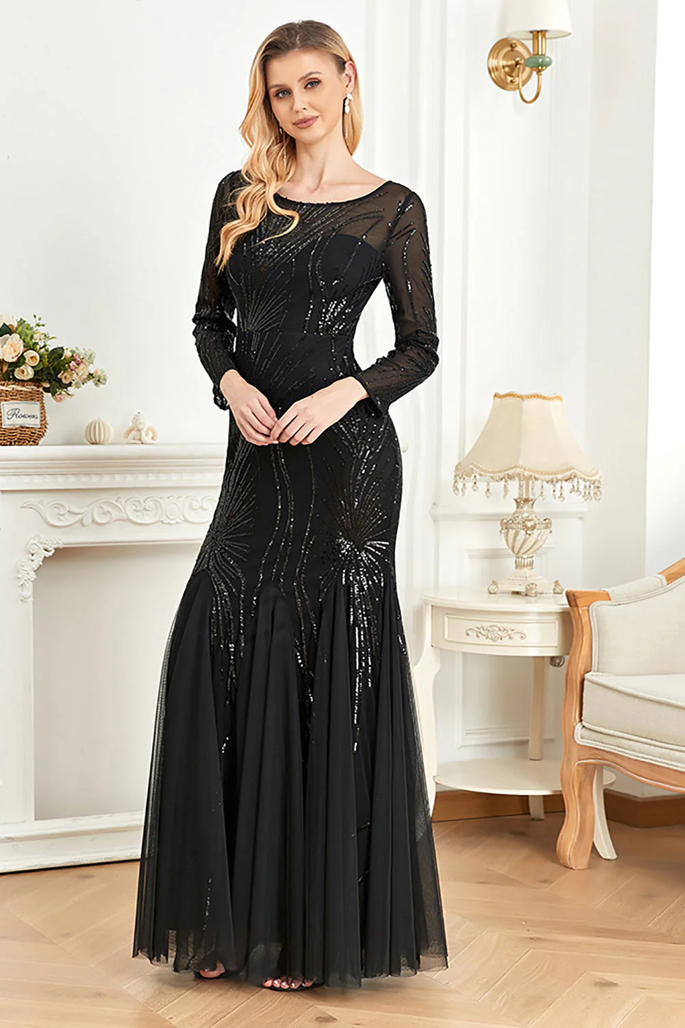 Sparkly Black Mermaid Sequins Boat Neck Choir Dress with Long Sleeves - Image 4