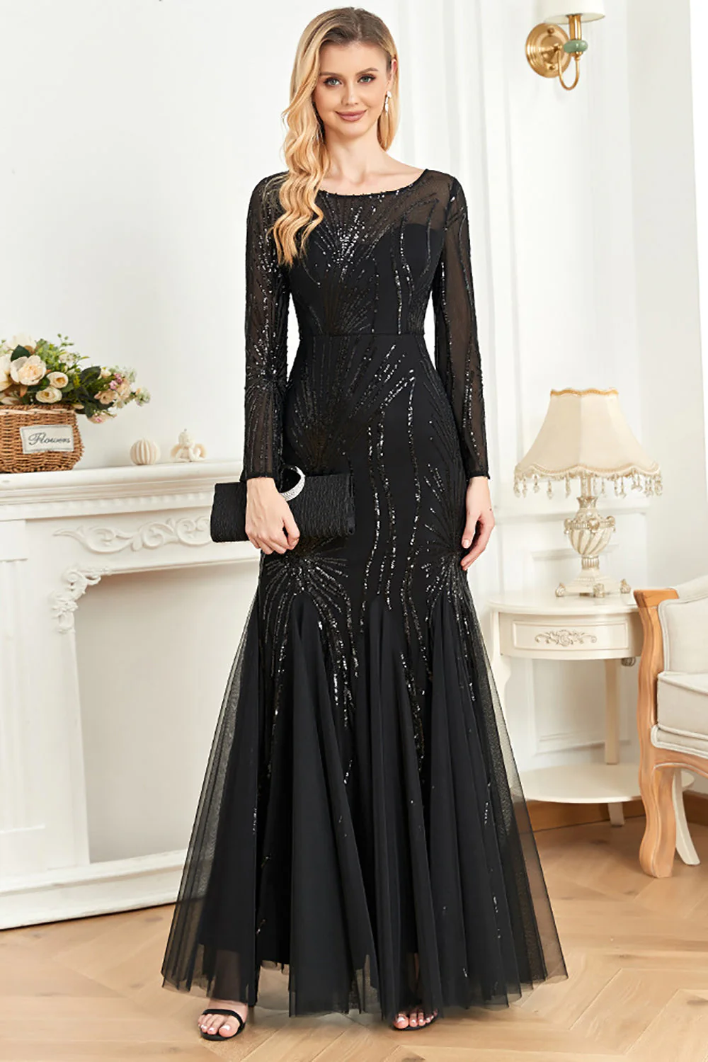 Sparkly Black Mermaid Sequins Boat Neck Choir Dress with Long Sleeves - Image 5