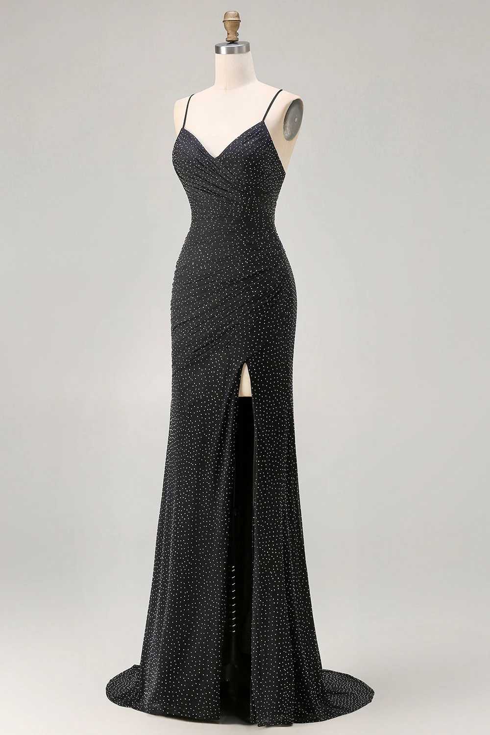 Sparkly Black Mermaid Spaghetti Straps Long Prom Dress with Slit - Image 3