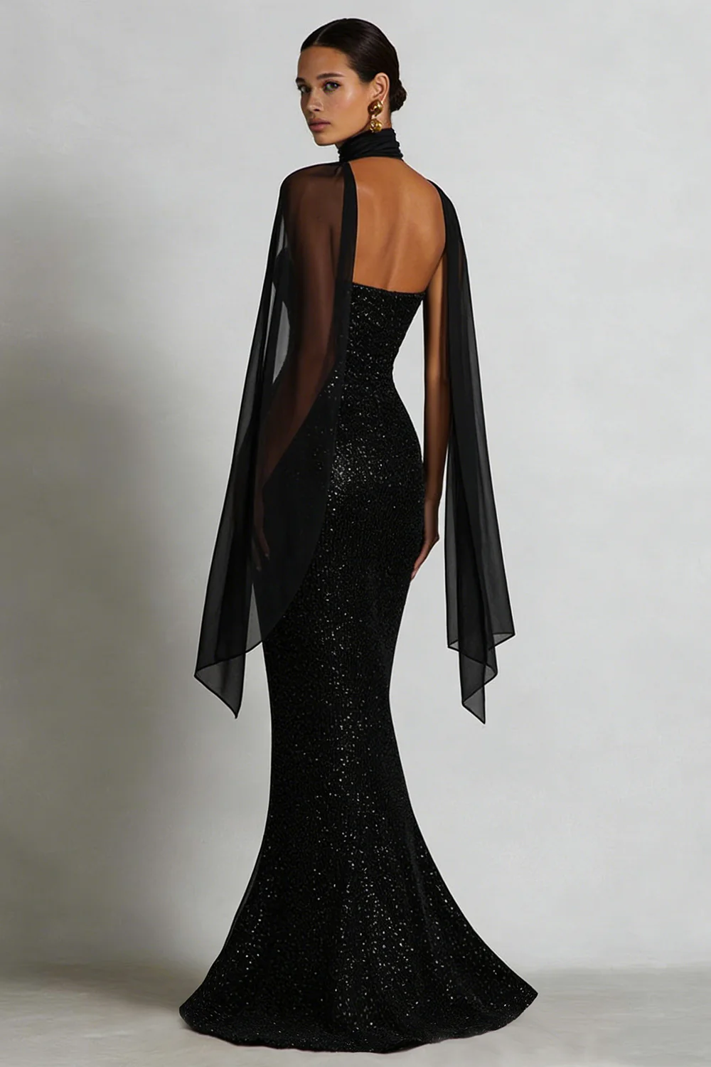 Sparkly Black Mermaid Sweetheart Maxi Dress with a Neck Sacrf - Image 2