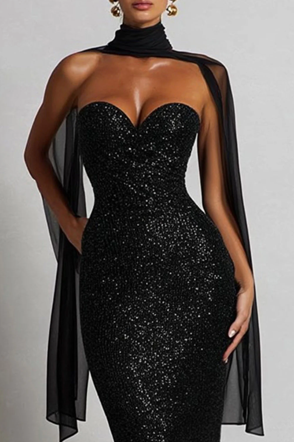 Sparkly Black Mermaid Sweetheart Maxi Dress with a Neck Sacrf - Image 3
