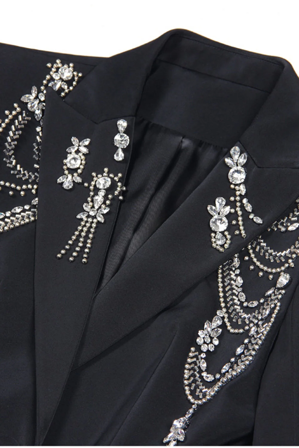 Sparkly Black Peak Lapel Single Breasted Women Prom Blazer with Rhinestones - Image 2