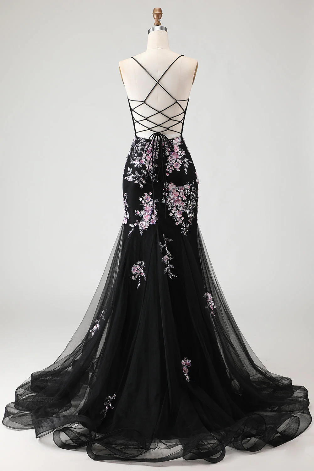 Sparkly Black Pink Flower Mermaid Sequins Corset Long Prom Dress with Lace Up Back - Image 2