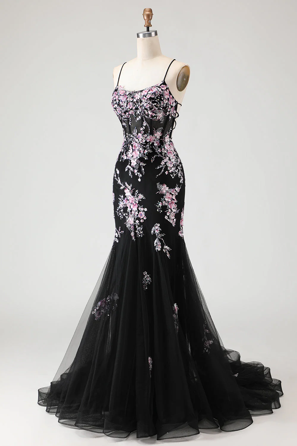 Sparkly Black Pink Flower Mermaid Sequins Corset Long Prom Dress with Lace Up Back - Image 3