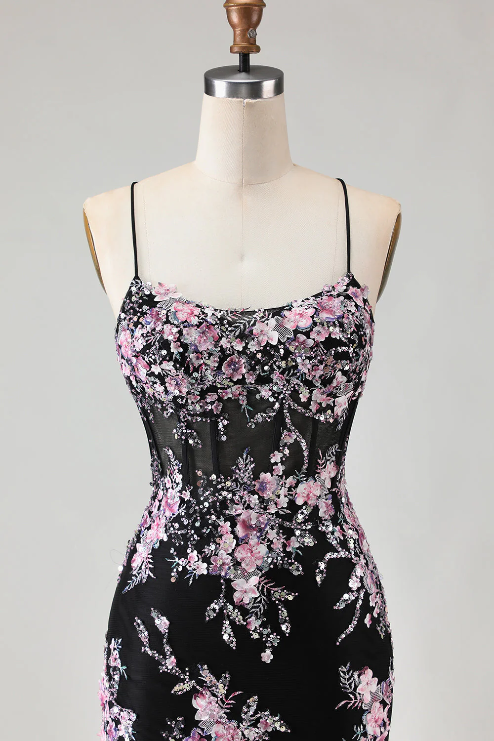 Sparkly Black Pink Flower Mermaid Sequins Corset Long Prom Dress with Lace Up Back - Image 4