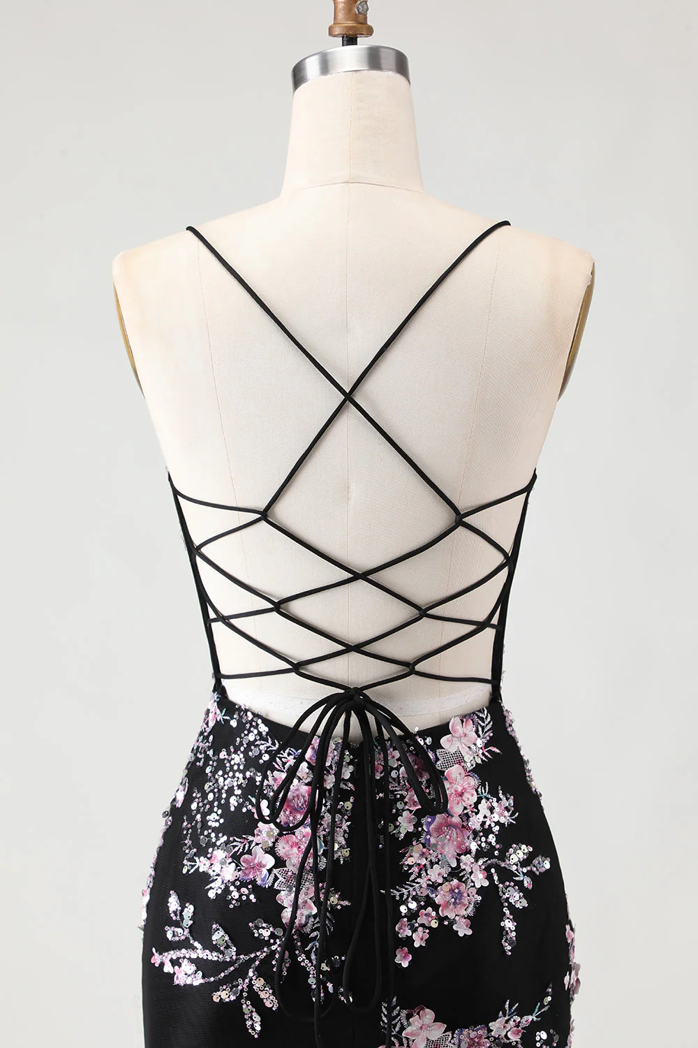 Sparkly Black Pink Flower Mermaid Sequins Corset Long Prom Dress with Lace Up Back - Image 5