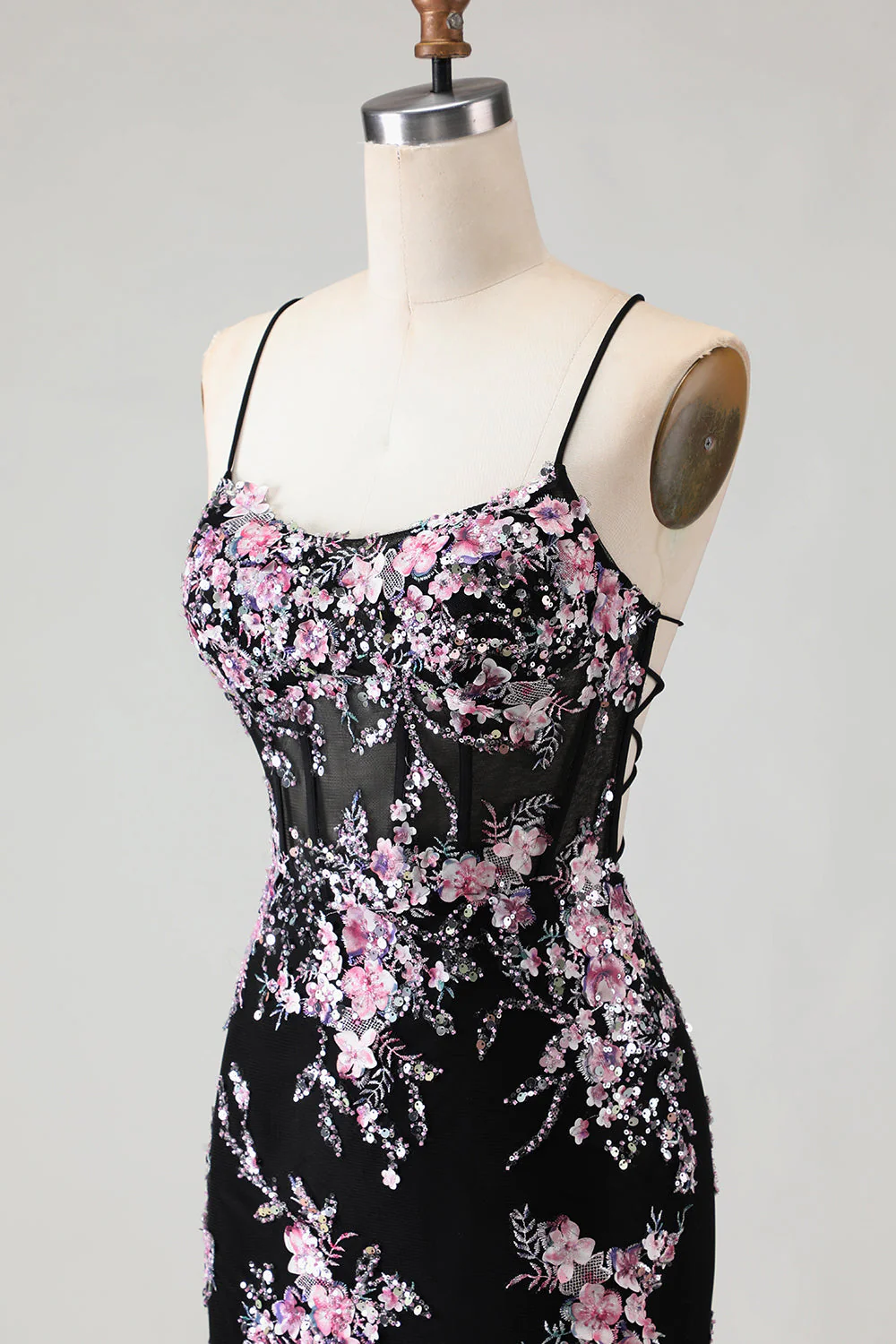 Sparkly Black Pink Flower Mermaid Sequins Corset Long Prom Dress with Lace Up Back - Image 6