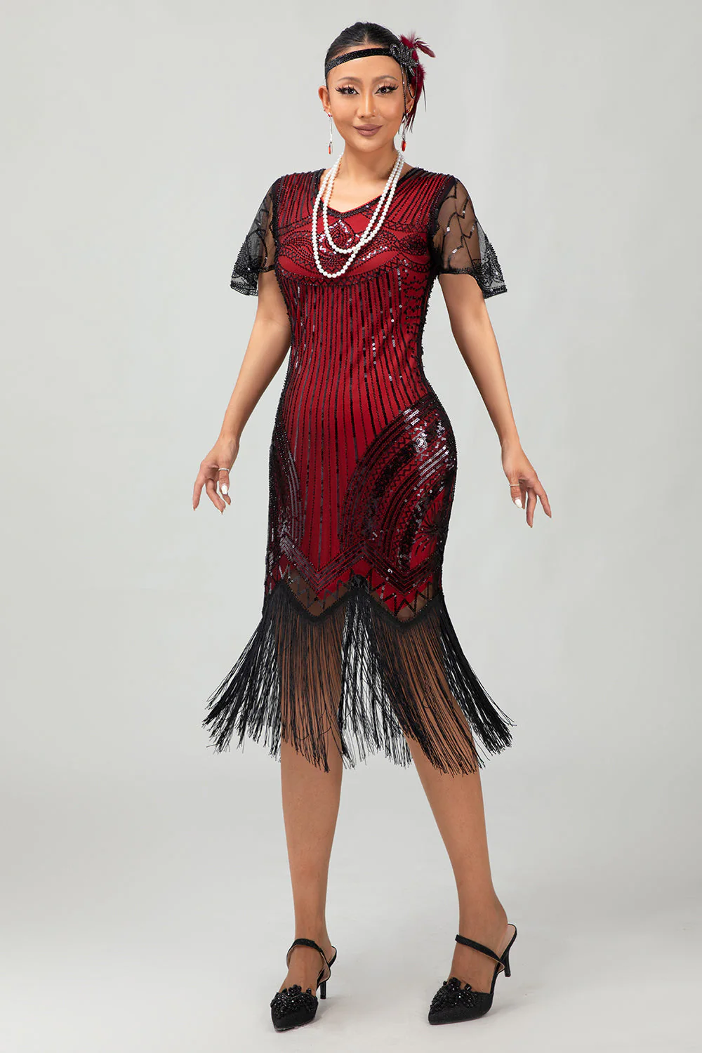 Sparkly Black Red Bodycon Fringed Short 1920s Dress With Fringes - Image 6
