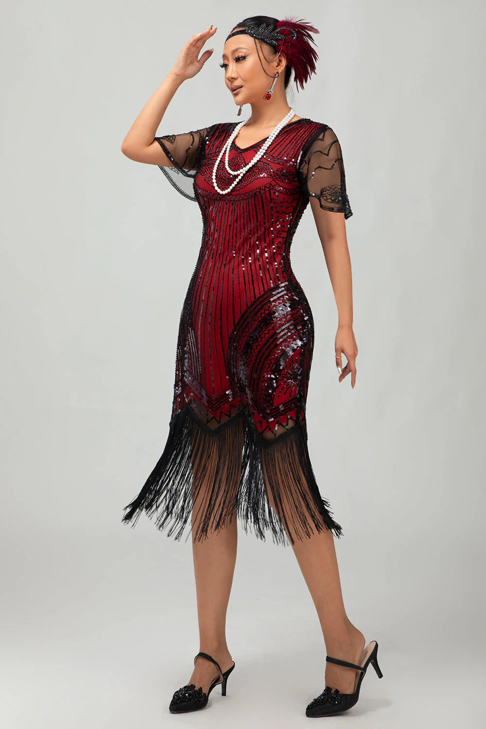 Sparkly Black Red Bodycon Fringed Short 1920s Dress With Fringes - Image 8