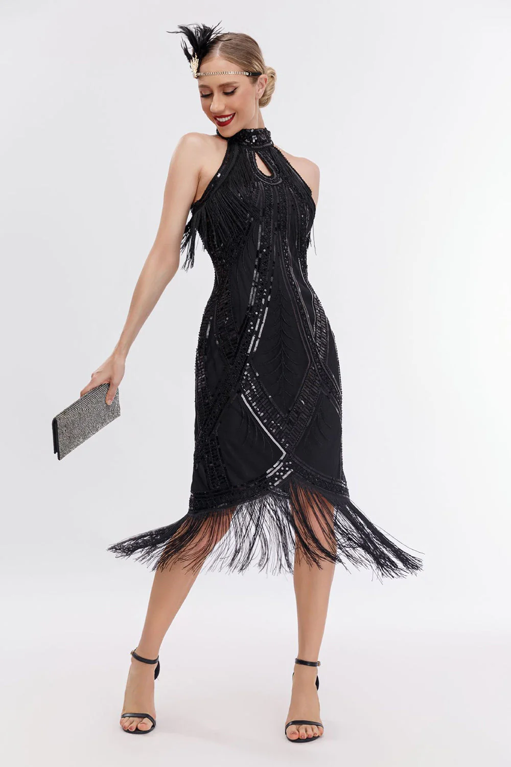 Sparkly Black Round Neck Sequins Fringed 1920s Dress with Accessories Set - Image 3