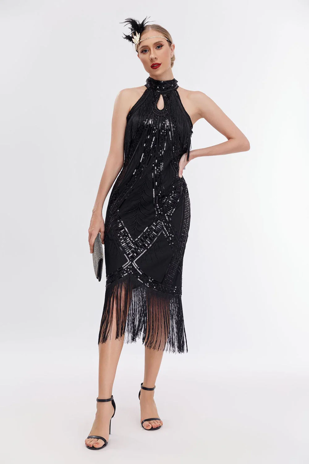 Sparkly Black Round Neck Sequins Fringed 1920s Dress with Accessories Set - Image 4