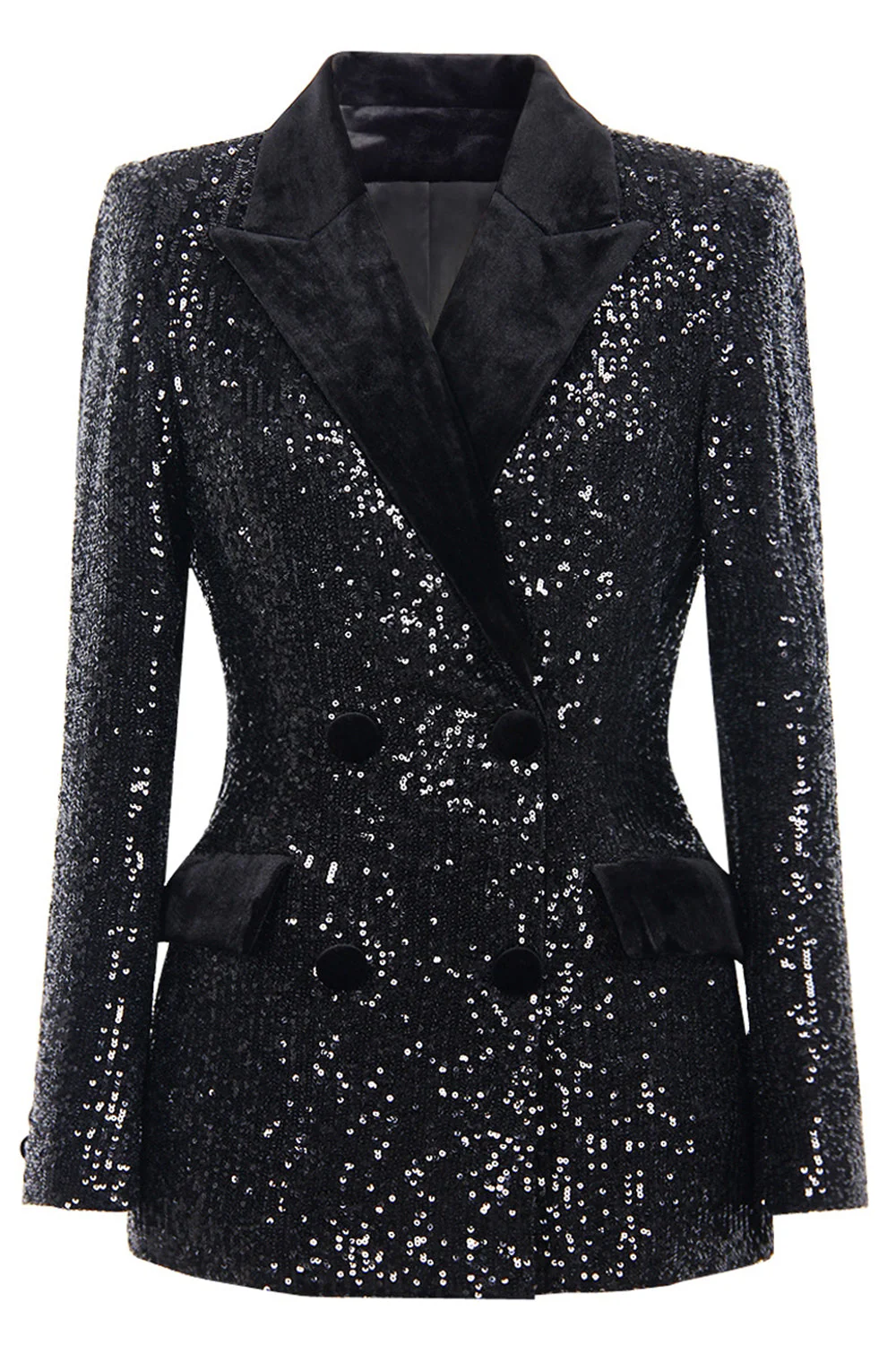 Sparkly Black Sequin Peak Lapel Double Breasted Women Prom Blazer - Image 2
