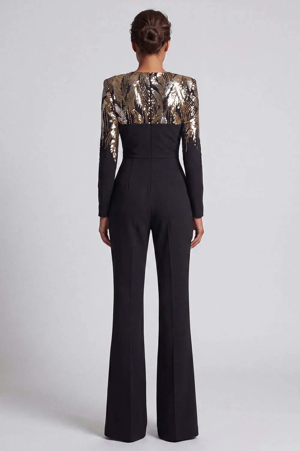 Black Sequins Long Sleeves Round Neck Ruched Mothe Of the Bride Jumpsuits - Image 2