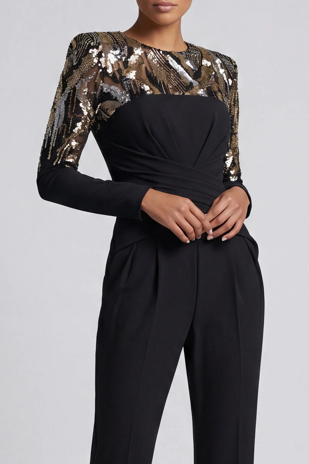 Black Sequins Long Sleeves Round Neck Ruched Mothe Of the Bride Jumpsuits - Image 3