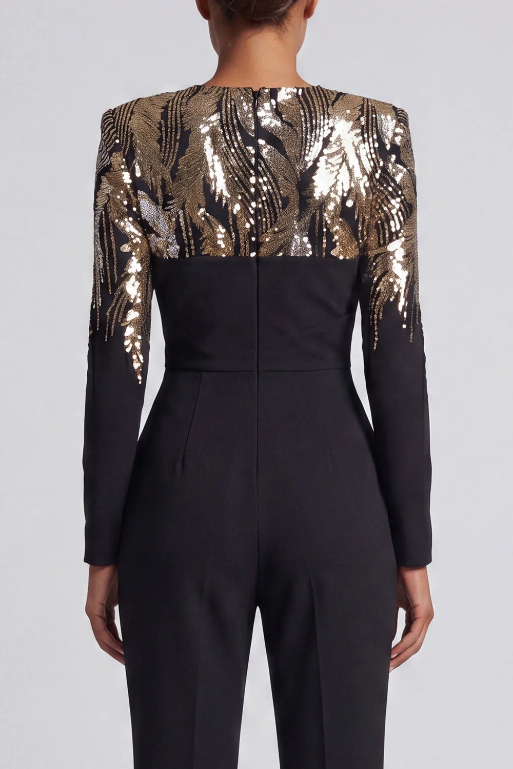 Black Sequins Long Sleeves Round Neck Ruched Mothe Of the Bride Jumpsuits - Image 4