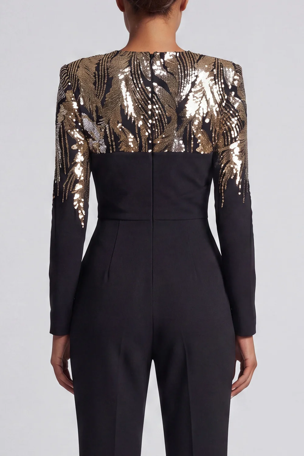Black Sequins Long Sleeves Round Neck Ruched Mothe Of the Bride Jumpsuits - Image 5