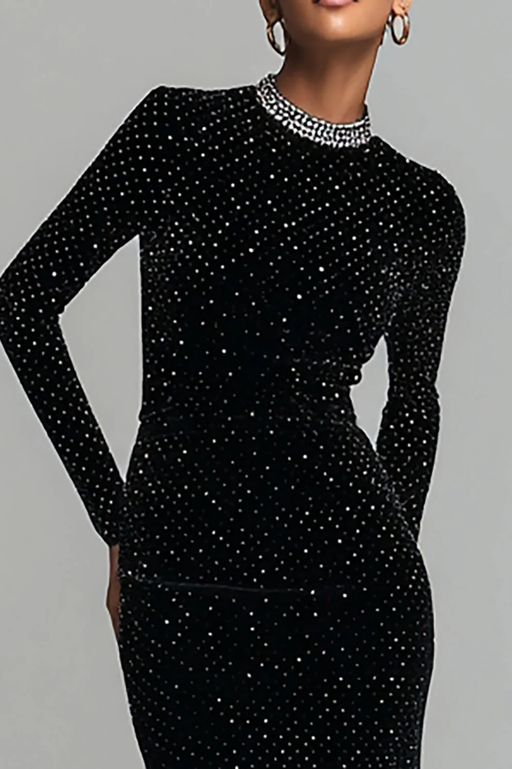 Sparkly Black Sheath Scoop Velvet Evening Dress With Beading - Image 3