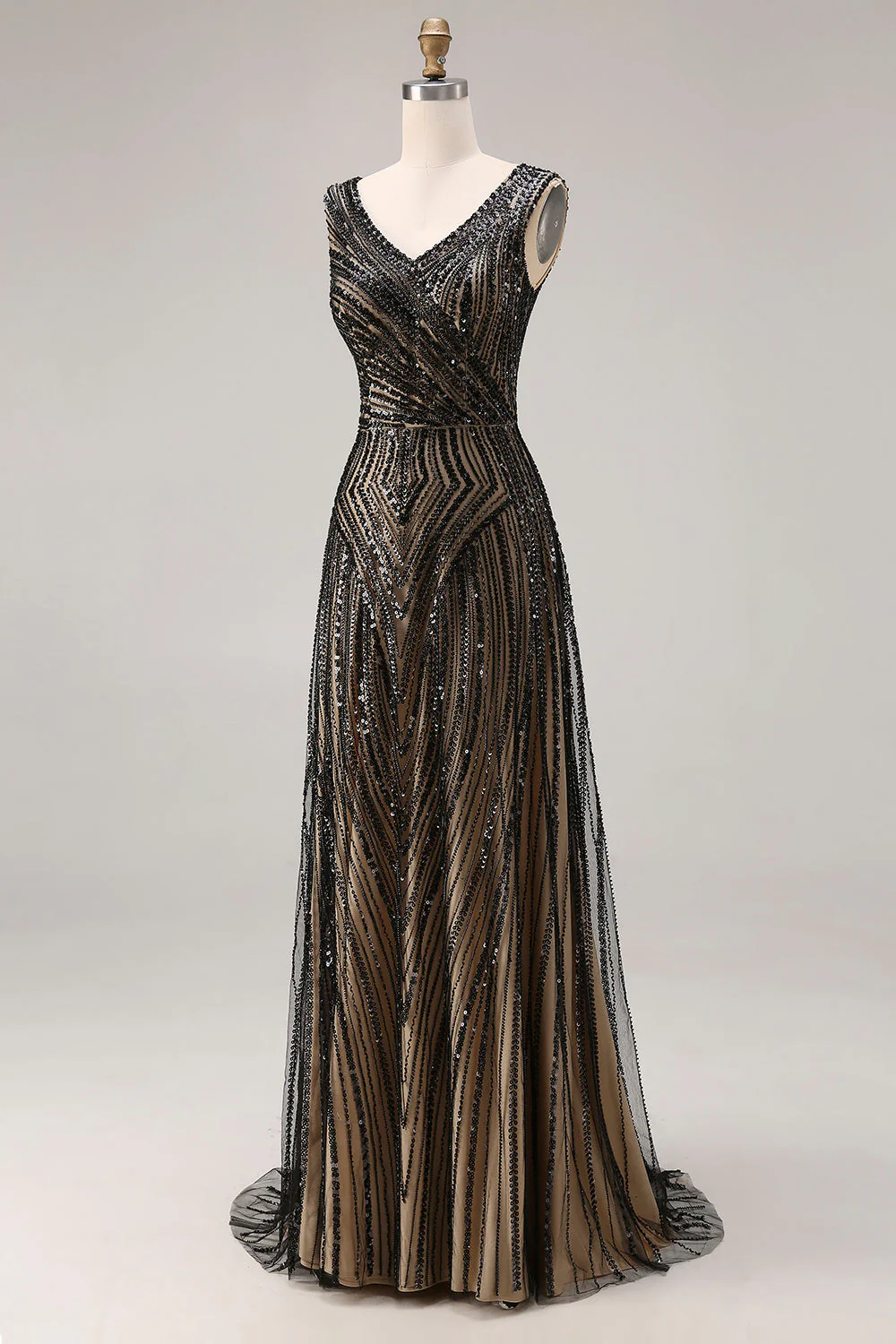 Sparkly Black Sheath V-Neck Beaded Long Prom Dress with Sequins - Image 3