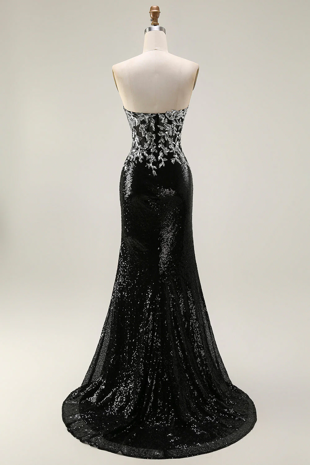 Sparkly Black Silver Mermaid Strapless Sequin Corset Strapless Long Prom Dress - Image 2