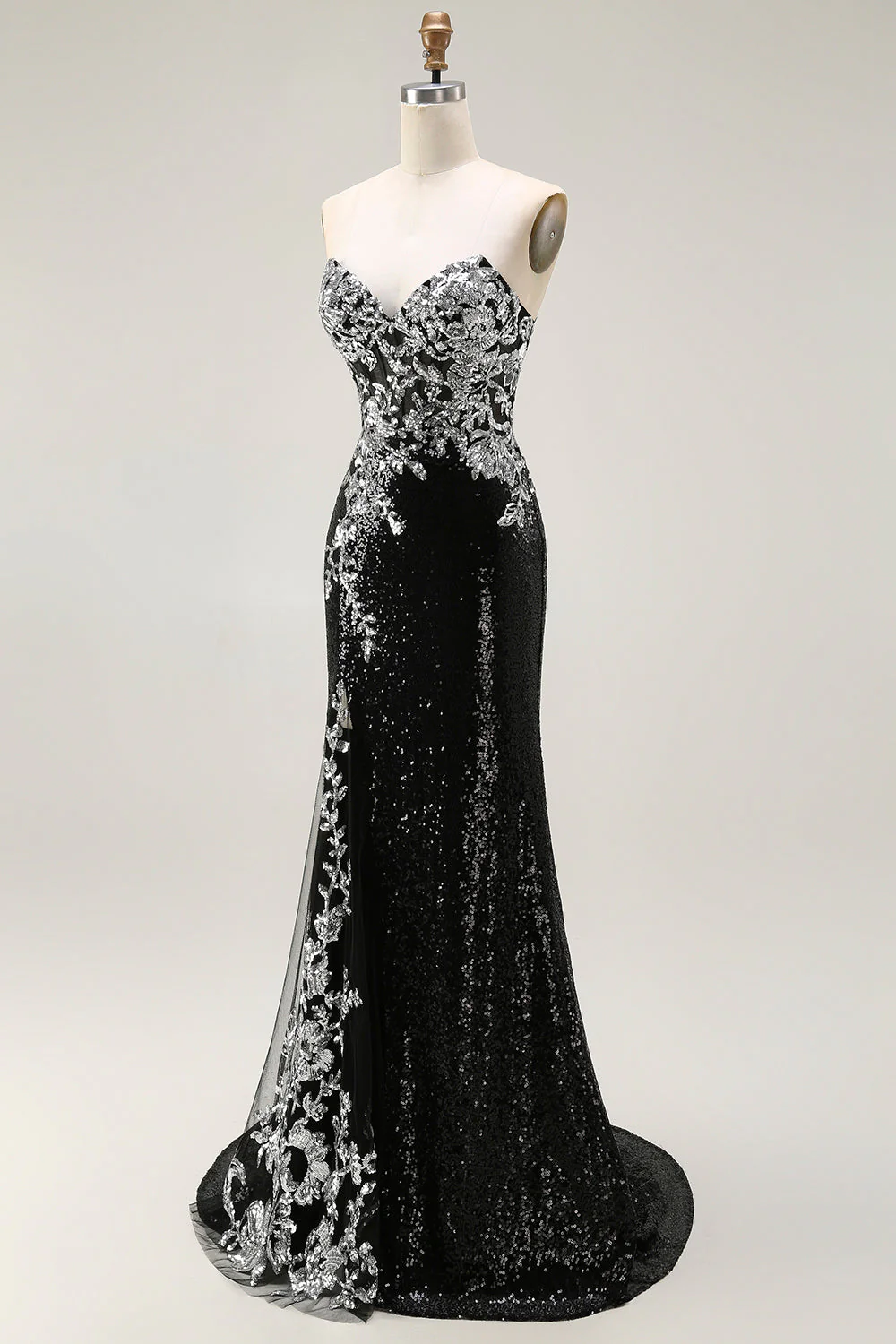 Sparkly Black Silver Mermaid Strapless Sequin Corset Strapless Long Prom Dress - Image 3