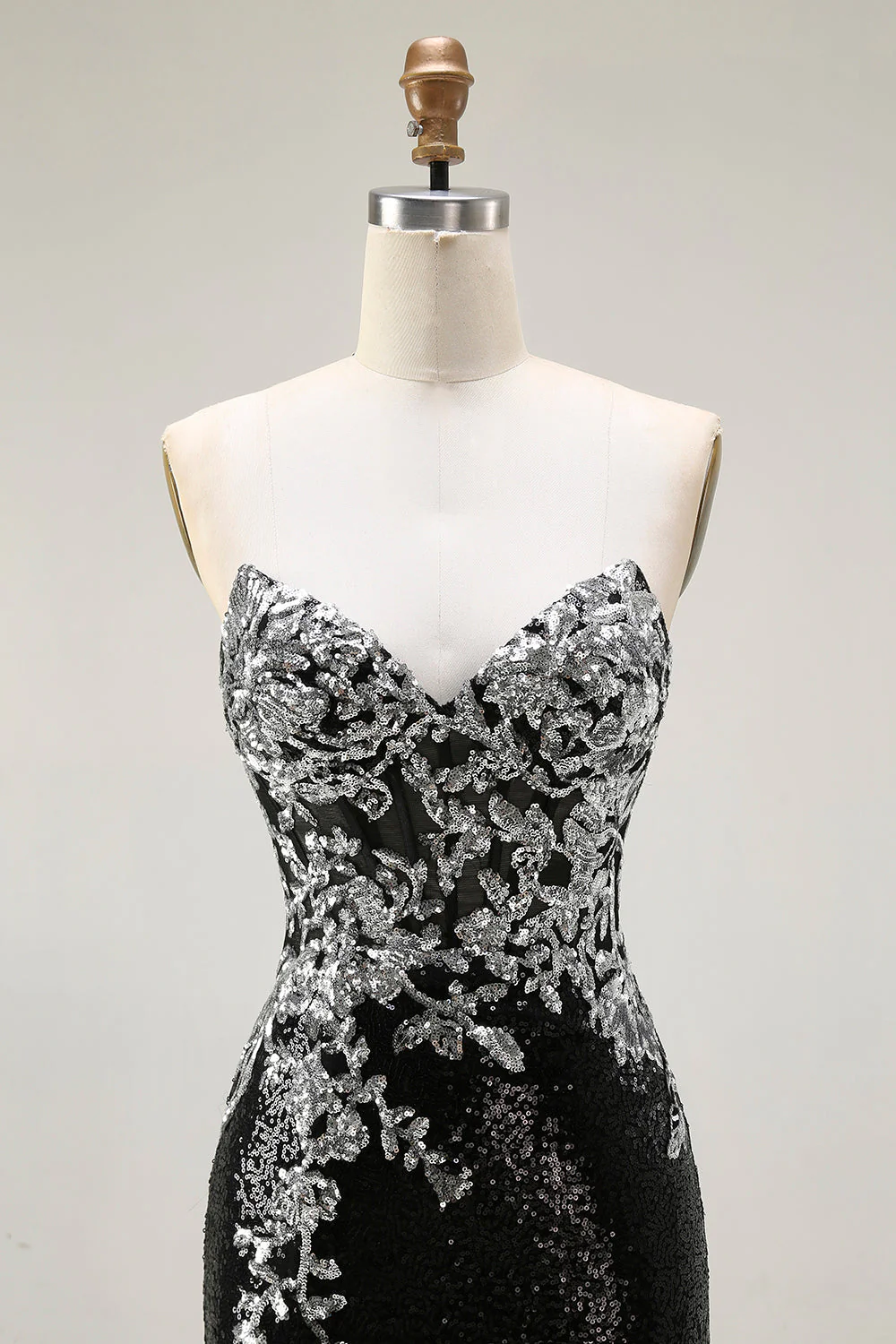 Sparkly Black Silver Mermaid Strapless Sequin Corset Strapless Long Prom Dress - Image 4