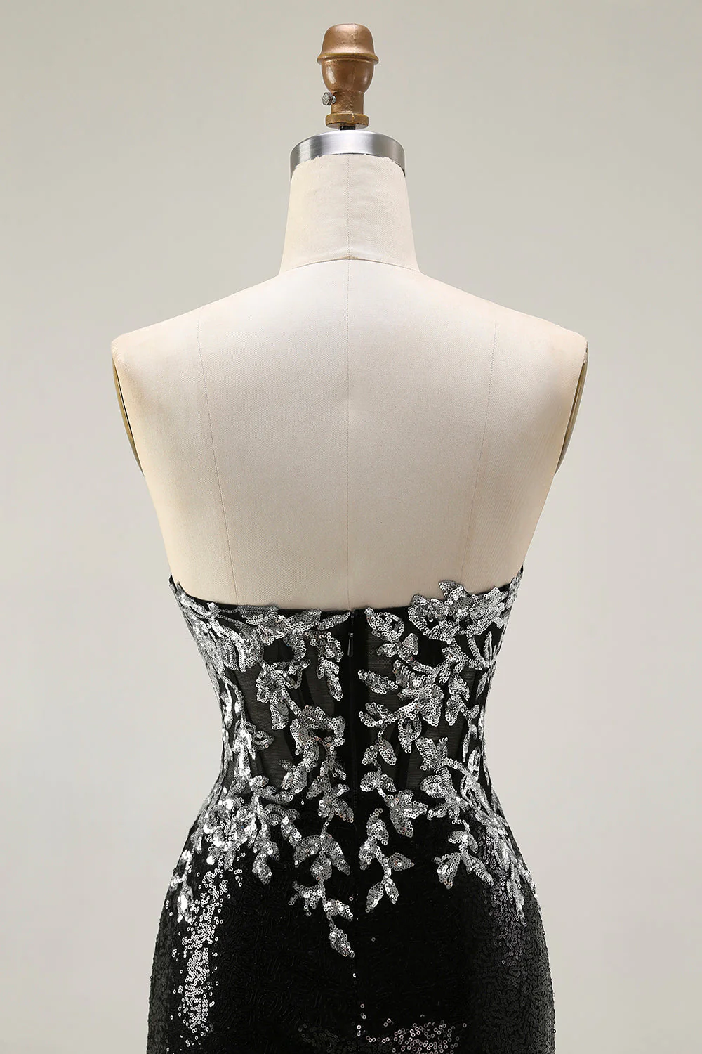Sparkly Black Silver Mermaid Strapless Sequin Corset Strapless Long Prom Dress - Image 5