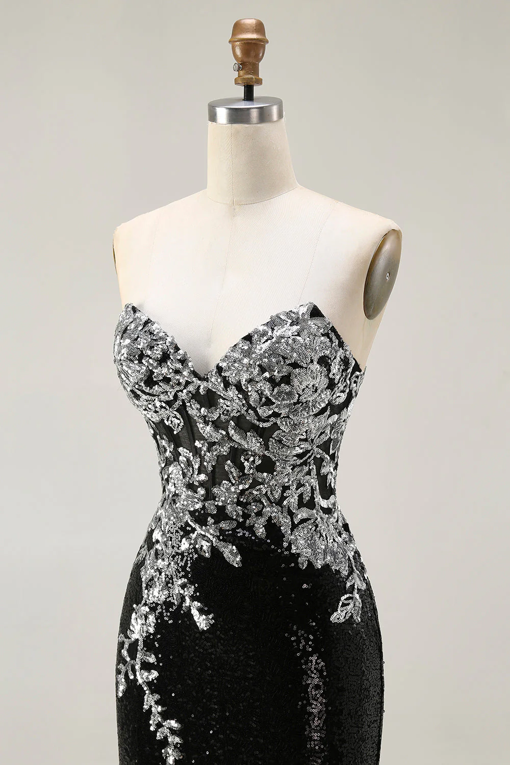 Sparkly Black Silver Mermaid Strapless Sequin Corset Strapless Long Prom Dress - Image 6