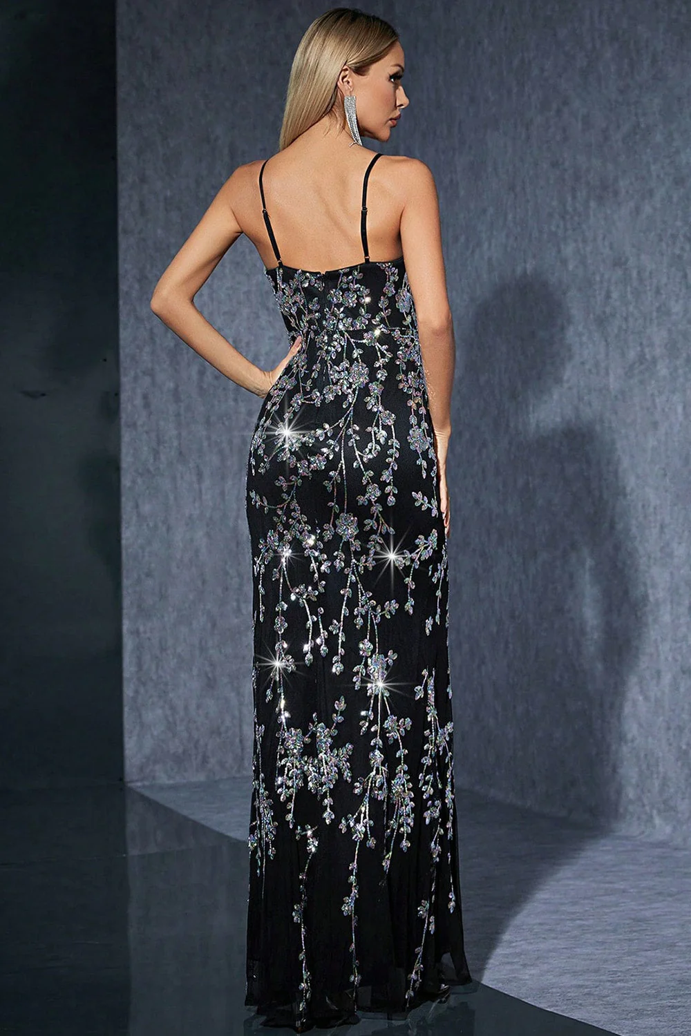 Sparkly Black Silver Spaghetti Strpas Long Evening Dress with Slit - Image 2