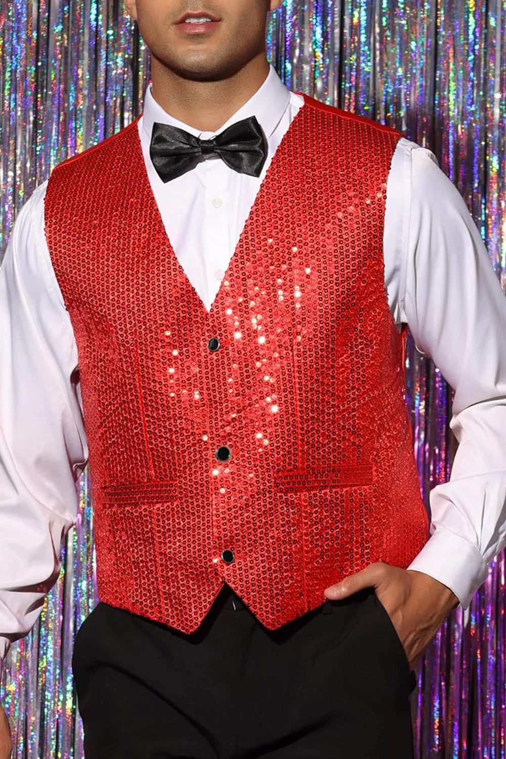 Sparkly Black Single Breasted V-Neck Men's Suit Vest with Sequins - Image 12