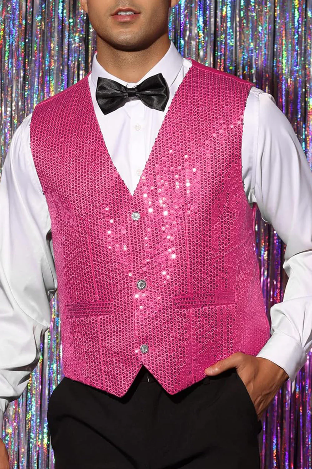 Sparkly Black Single Breasted V-Neck Men's Suit Vest with Sequins - Image 15