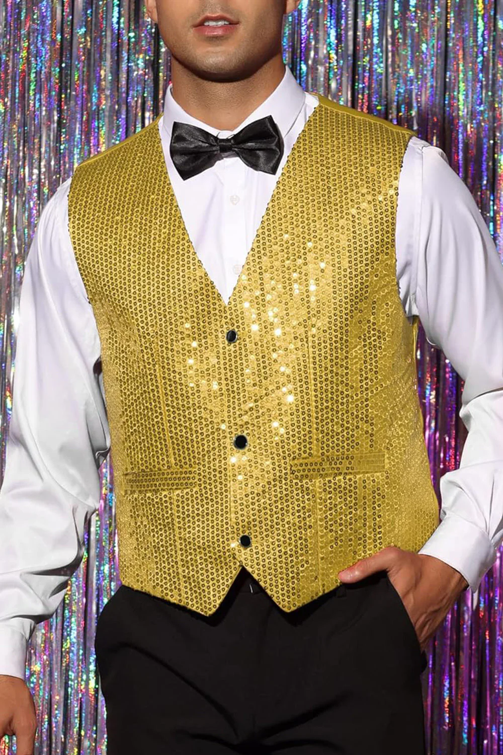 Sparkly Black Single Breasted V-Neck Men's Suit Vest with Sequins - Image 18