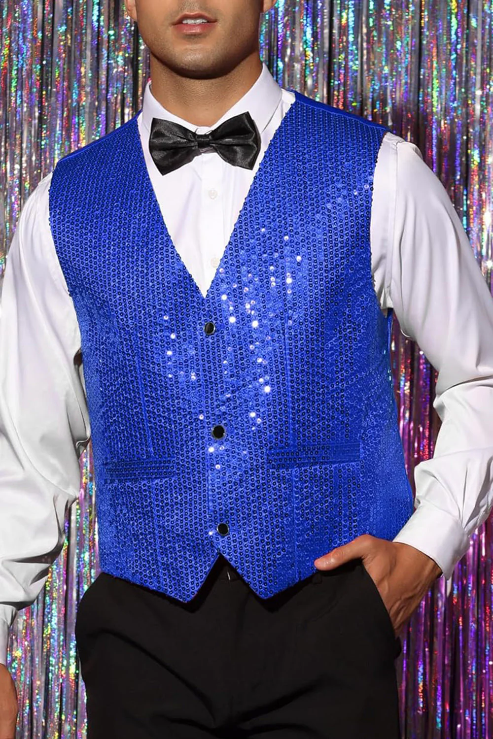 Sparkly Black Single Breasted V-Neck Men's Suit Vest with Sequins - Image 21
