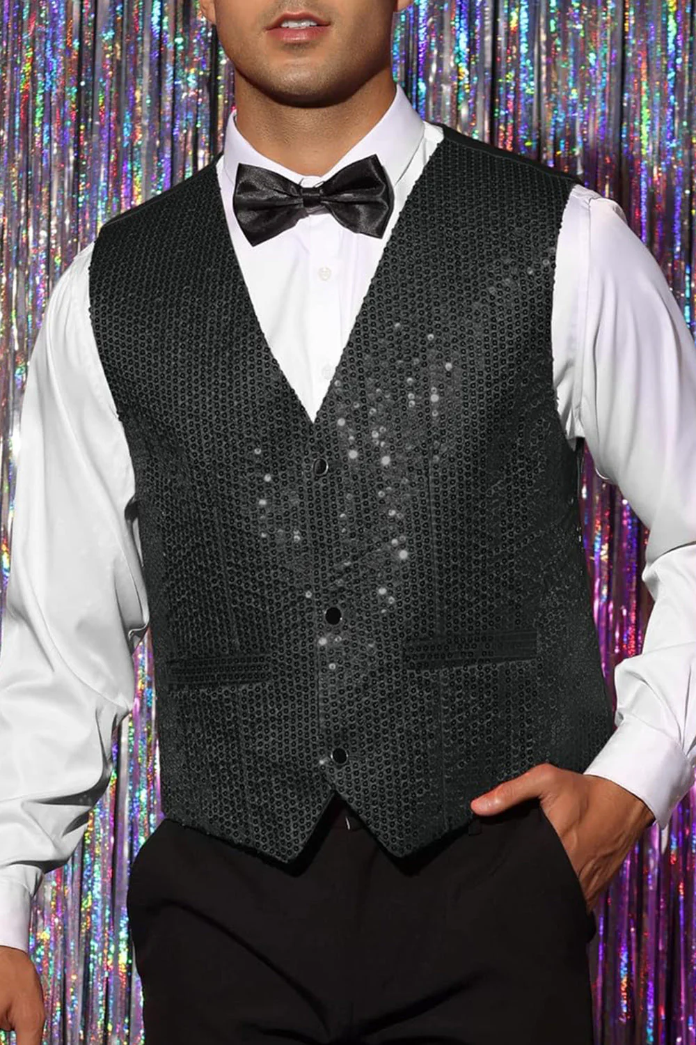 Sparkly Black Single Breasted V-Neck Men's Suit Vest with Sequins - Image 3