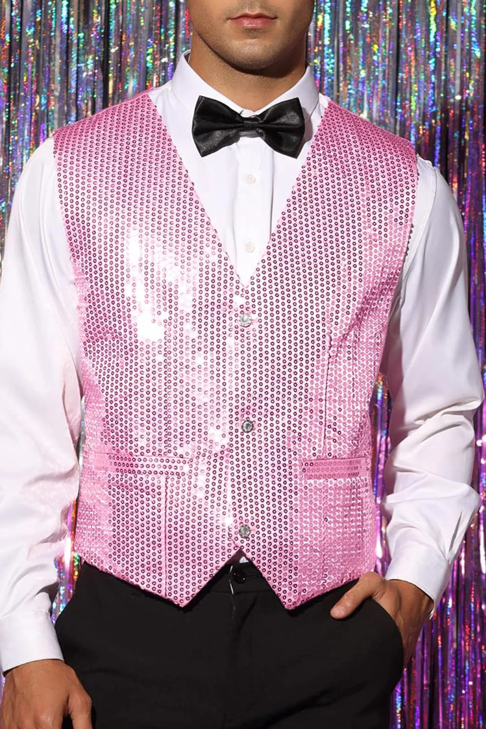 Sparkly Black Single Breasted V-Neck Men's Suit Vest with Sequins - Image 6
