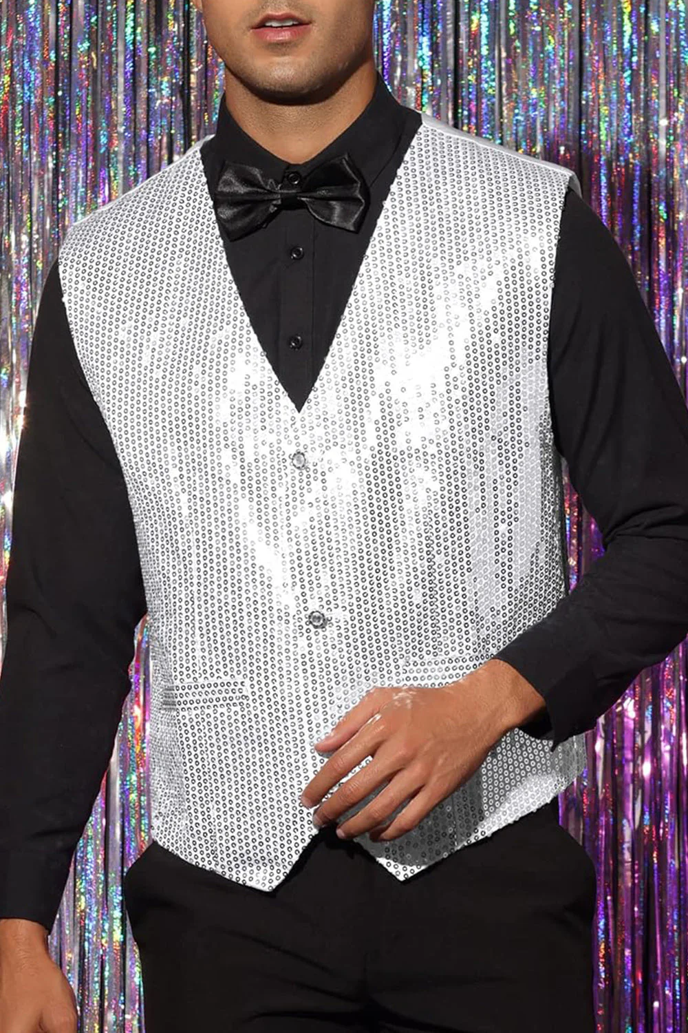 Sparkly Black Single Breasted V-Neck Men's Suit Vest with Sequins - Image 9