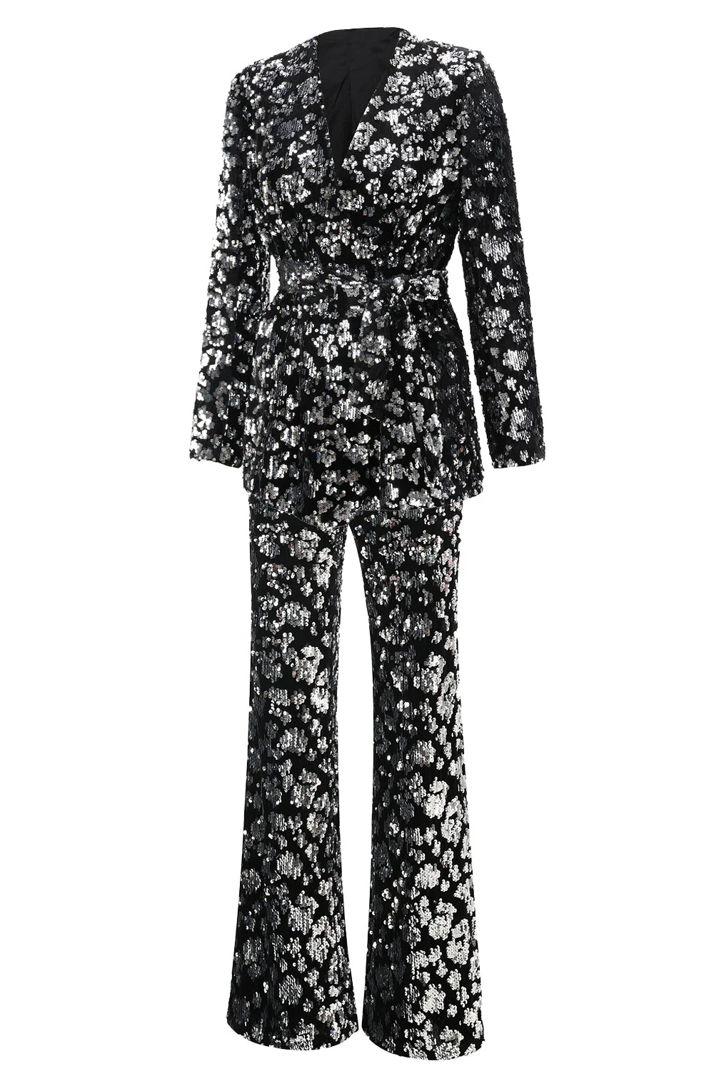Sparkly Black Slim Fit 2 Piece Women's Prom Suit with Sash - Image 2