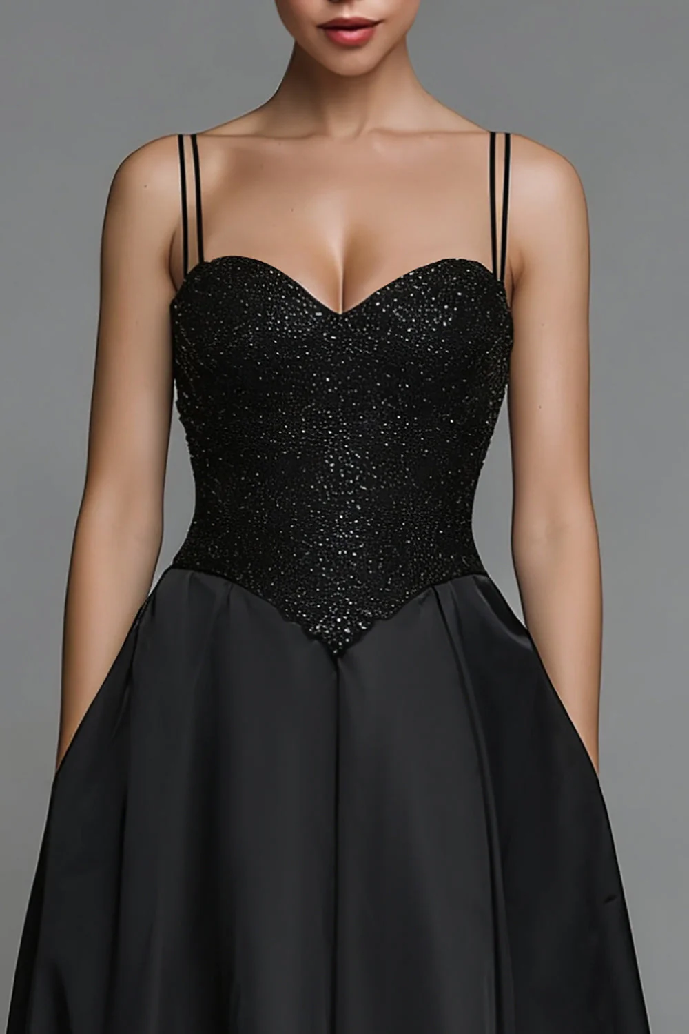A Line Spaghetti Straps Long Black Tie Dress with Pockets - Image 2