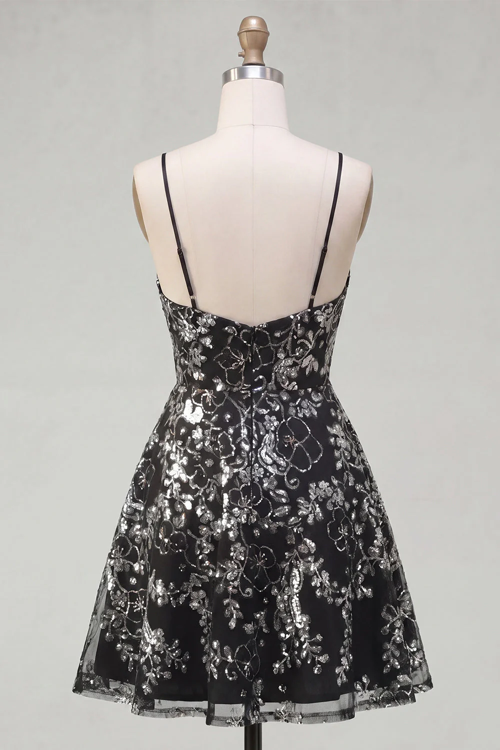 Sparkly Black  A Line Spaghetti Straps Short Sequin Cocktail Dress - Image 2